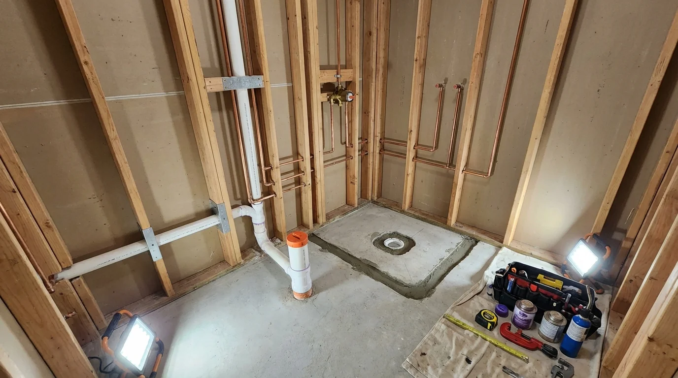 Bathroom rough-in plumbing during remodel by Johns Plumbing LLC in Kernville