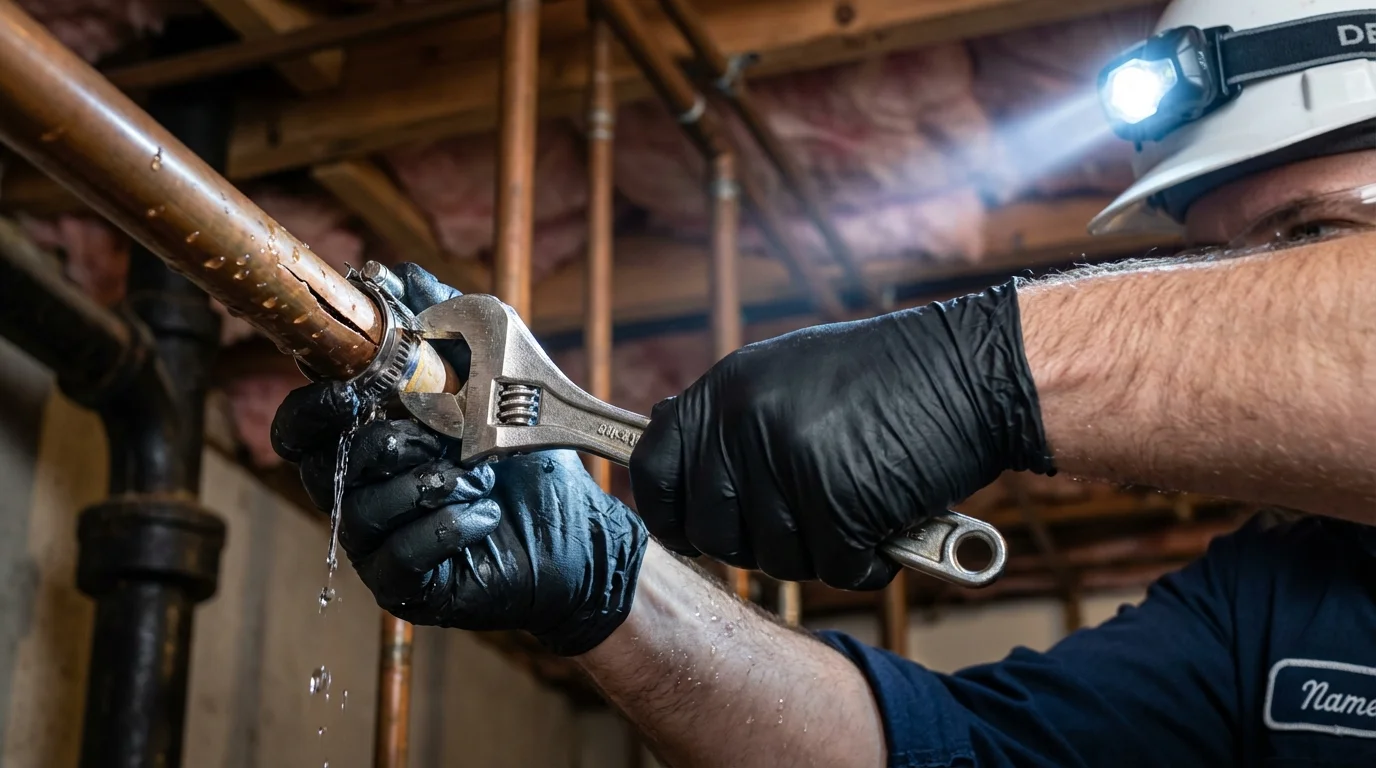 Emergency pipe clamp repair being performed by a Johns Plumbing LLC plumber in Kernville