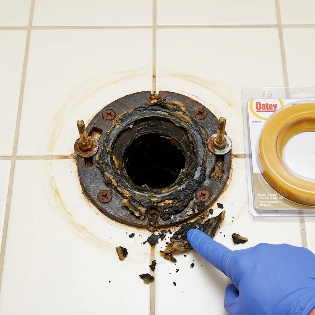 Failed wax ring showing water seepage at the base of a toilet in a Kernville, CA home