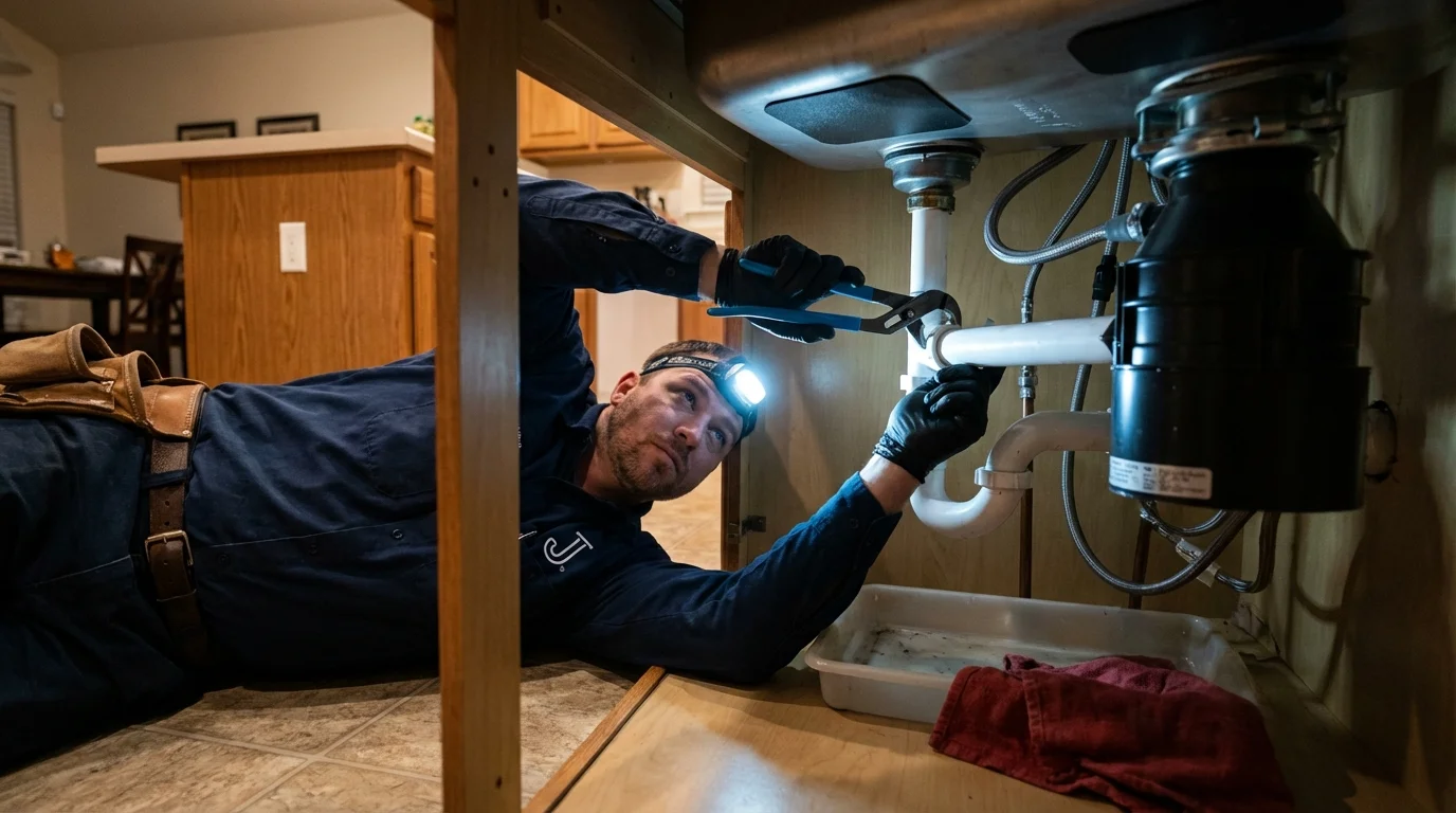 P-trap and supply line connections under a kitchen sink showing a common leak point in Kernville, CA